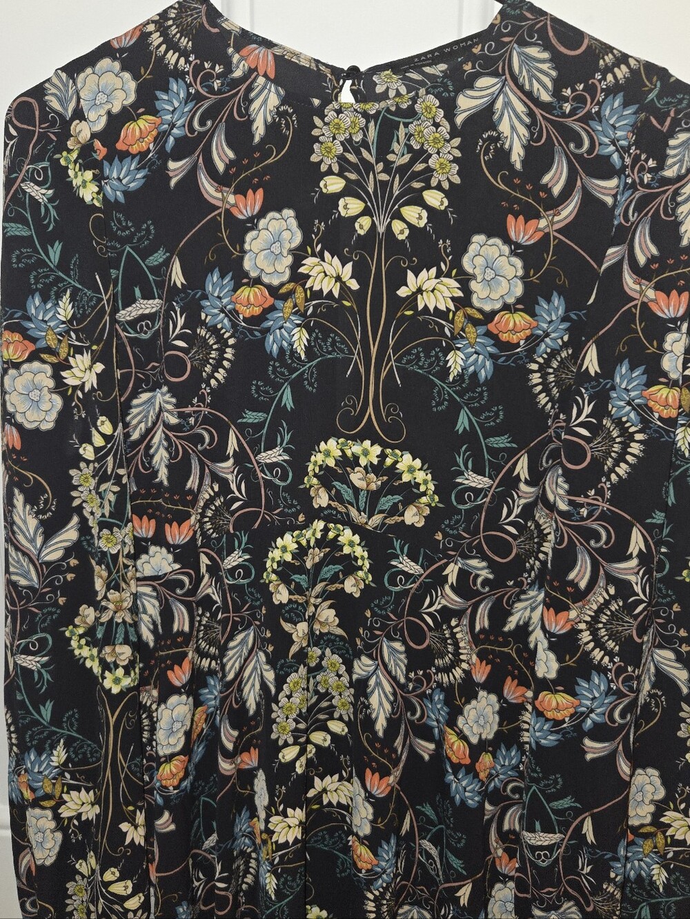 Zara Woman Black Floral Botanical Long Sleeve Midi Dress